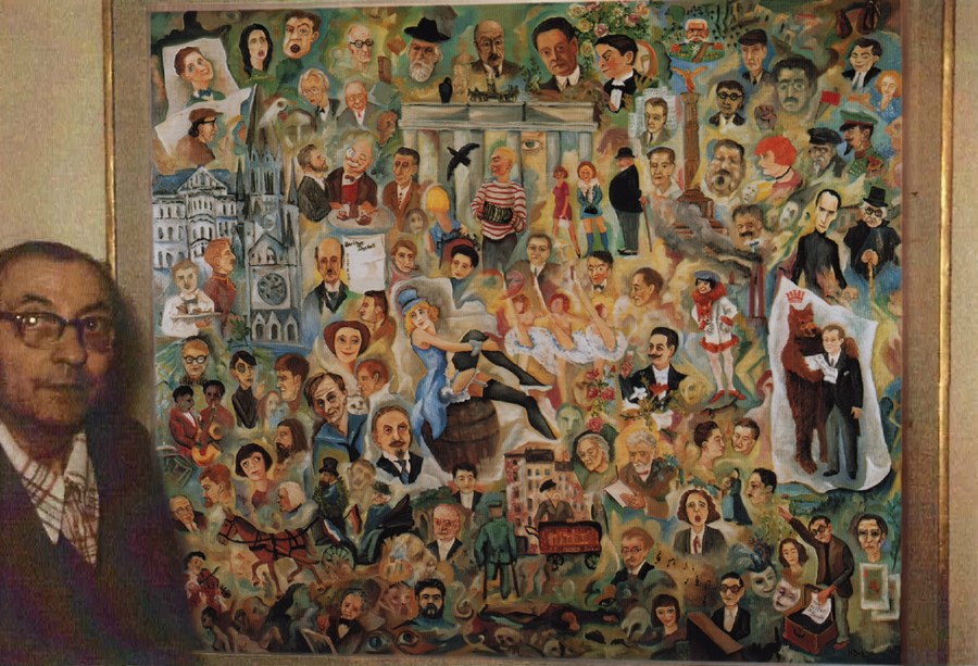 Heinz Buchholz in seinem Atelier vor dem Bild Mein Koffer in Berlin – Die goldenen Zwanziger Jahre
