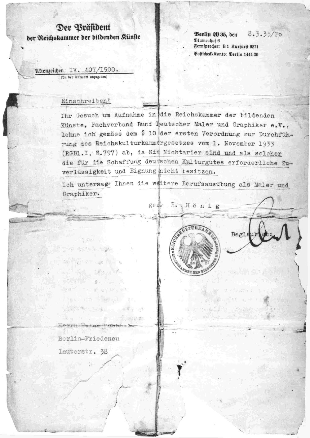 Berufsverbotsschreiben 1935, unterzeichnet vom Präsidenten der Reichskulturkammer E. Hönig